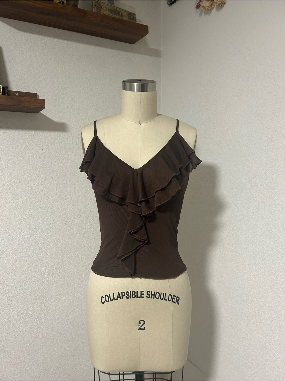 Y2K Ruffle V-Neck Spaghetti Strap Tank Top - Brown
